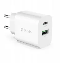 „Devia“ tinklinis įkroviklis „Smart PD“ su 1 USB-C ir 1 USB jungtimis, 20 W, baltas