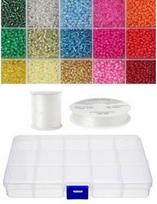 Siūlų ir stiklinių apvalių karoliukų (biserio) 12/0 RainBow® 15 ryškių spalvų po 10 g rinkinys su dėžute