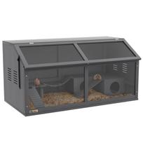 Medinis hamsterio narvas 100 cm, žaislinis namelis, tiltas, kopėčios, atidaromas stogas, tamsiai pilkas
