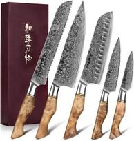 HEZHEN 5 dalių Santoku virtuvinių peilių rinkinys, 67 sluoksnių damasko plienas (10Cr15CoMoV), ergonomiška klevo medienos rankena