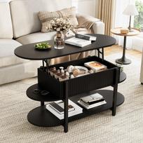 Juodas Pakeliamas Centrinis Stalas, 106x44x50cm, Modernus Salonaus Stalas su Saugykla, 3 Lygiai, Daugiafunkcinis