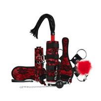 Bondage rinkinys „Miegamojo fantazijos“ su nėrinių ir odos įvaizdžiu, 8 dalių, raudonas