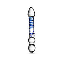 Dvigalvis stiklinis dildo „Gildo“ Nr. 21, skaidrus mėlynas, tekstūruotas dizainas