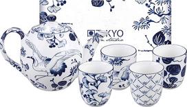 "TOKYO design studio" - "Flora Japonica" arbatos rinkinys mėlyna/balta, 1 x 1,25 l arbatos puodelis ir 4 x 170 ml arbatos puodeliai, azijietiškas porcelianas, japoniškų gėlių dizainas, dovanų pakuotė