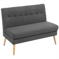 Dvivietė sofa, dygsniuotas atlošas, medinės kojos, storas paminkštinimas, linų imitacija, mažo kambario baldas, pilka