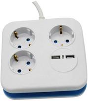 Ilgintuvas 3-vietis V-TAC, 2usb jungtys, 3G1.5MM2 X1.4M, baltas, kvadratinis