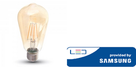 6W LED lemputė V-TAC, E27, ST64, 2200K (šiltai balta), gintaro spalvos stiklas, filamentinė, SAMSUNG LED chip