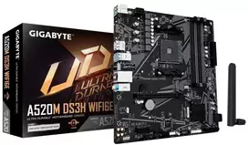 Pagrindinė plokštė Gigabyte A520M DS3H WIFI6E | Processor family AMD | Processor socket AM4 | DDR4 | Supported hard disk drive interfaces SATA, M.2 | Number of SATA connectors 4
