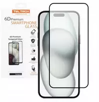 TELTECH PREMIUM 6D STIKLAS „iPhone 15“ – PROFILIUOTAS, GRŪDINTAS, VISĄ EKRANĄ DENGANTIS STIKLAS SU JUODU RĖMELIU