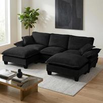 Modulinė kampinė sofa, U formos, su 2 otomanėmis ir pagalvėmis, juoda