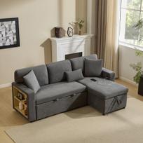 Kampinė sofa-lova, L formos, su stalčiu ir lentyna, tamsiai pilka