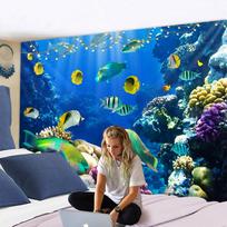 3D skaitmeninio spausdinimo gobelenas psichodelinis povandeninis pasaulis Gražus žuvies gobelenas, pakabinamas ant sienos Jūrų gyvūnas koralas namų dekoras 95x70CM