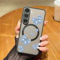 Bowknot Pattern Clear Magnetic Case For Samsung S25 S24 FE S23 Ultra S22 A56 A36 A15 A55 A35 Wireless Charge Shockproof Slim Matte hone Cover Samsung S25 mėlyna/juoda
