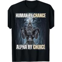 European sizesMen'S Alpha Wolf Graphic T-Shirt - Humorous Slogan 'Human Choice, Born Leader' with a Wolf Pack Design S juoda