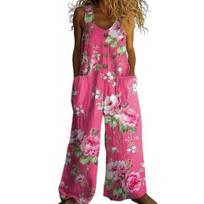 Women's Floral Printed Wide Leg Jumpsuit Sleeveless Button Front Romper Summer Casual Loose Overall with Pockets XXXL