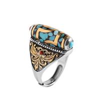 Adjustable Open Ring With Motif Vintage Tibetan Nepalese Style Handmade Copper Plated Unisex Finger Adjustable Open Band
