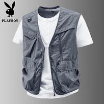 PLAYBOY Men's Casual V-Neck Zipper Multi-Pocket Summer Apparel L