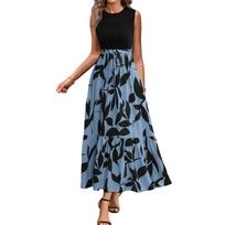 Sleeveless High Waist Maxi Dress with Floral Print Elegant Style for Women Casual Summer Round Neck Long Dress XL mėlyna