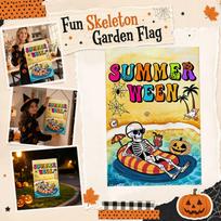 Summer Halloween Garden Flag Skeleton Floating on Pool with Pumpkin and Palm Tree Outdoor Decorative Banner for Yard Lawn One Size