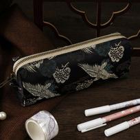 Vintage Chinese Embroidery Pencil Case Pencil Pouch Stationery Pen Bag Flower Crane Pattern Brocade Stationery Storage Bag