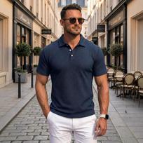 Men's Short Sleeve Polo Shirt Classic Fit Soft Knit Fabric Three Button Placket Ribbed Collar Casual Top for Daily Wear XL tamsiai mėlyna