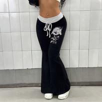 Women Flare Pants Casual High Waist Drawstring Waistband Patchwork Printed Bell Bottoms for Daily and Street Wear XL juoda