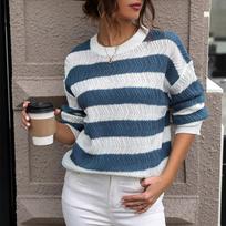 Striped Sweater Women's Round Neck Knitted Pullover Long Sleeved Contrasting Loose Top Casual Commut Knit Bottoming Shirt Autumn Winter S mėlyna