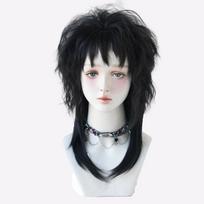 Beetlejuice Lydijos įkvėpta gotikinė perukė - Juodi tiesūs plaukai Helovino kosplėjui, karščiui atsparus sintetinis pluoštas su iškirpta kirpčiukais 58Cm juoda