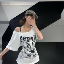 Women White T-shirts Bandage Large Size Girls Y2K Tops Casual Wear Fashion Printed T-shirts For Female Tees Active Short Sleeve Tees XL gray