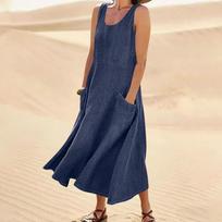 Women Sleeveless Denim Dress Casual Loose Fit Midi Length with Pockets Soft Fabric Simple Solid Design for Everyday Wear XXL