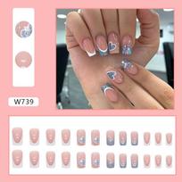 Medium and Long French Manicure Flash Love Fake Nails European and American Style Wearing Sweet Girl Manicure Nails