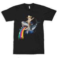 Best Selling Cowboy Cat Riding A Shark Funny T-Shirt, Men's Retro Streetwear High-quality Crew-neck Short-sleeved Men's T-shirt S