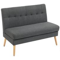 2-vietė sofa, kušėta atlošo dalis, medinės kojos, storas paminkštinimas, lino išvaizda, skirta mažoms patalpoms, pilka spalva