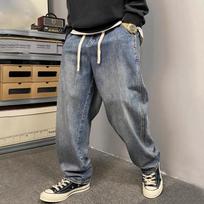 Men Drawstring Waist Baggy Jeans Loose Wide Leg Vintage Washed Casual Denim Pants For All Season Street Style M mėlyna