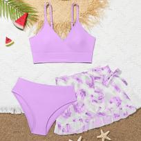 Girls Two Piece Swimsuit Set Adjustable Straps Bikini Top High Waist Bottom with Ruffle Skirt Cover Up Lightweight Swimwear for Kids 100 violetinė