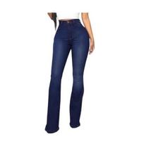 Platėjantys džinsai moterims, tamprios bootcut platėjančios džinsinės kelnės, aukštu liemeniu, liekninantys džinsai su kišenėmis L tamsiai mėlyna spalva