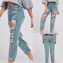 Women Color Hole Low Waist Jeans Flares Fashion Pants Trouser L mėlyna