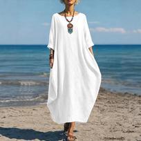 Loose Fit Casual Maxi Dress for Women Crew Neck Half Sleeve Solid Long Kaftan Oversized Summer Linen Dress L balta