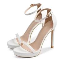 Moteriškos atvirais pirštais, su čiurnos dirželiu, stiletto kulniuku, suknelių sandalai, elegantiški vestuvių, vakarėlių bateliai, aukštakulniai, vasariniai, klasikiniai, seksualūs aukštakulniai 34 balta