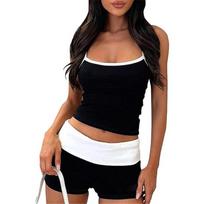 Women Casual 2 Piece Short Clothes Suits Slim Fit Streetwear Fashion Sleeveless Camisole   Fold-Over Micro Shorts Set Outfits L juoda