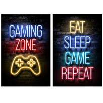 2Pcs Neon Effect Gaming Poster Canvas Print Gaming Wall Art Fashion Gaming Themed Wall Decor for Video Game Room Boys Bedroom