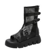 Vidutinio kulno Šaunūs Batai Nauji Vasariniai Apvalus priekis Atviras pirštas Tinklelio Audinys Kniedėtomis Sagtys Užtrauktukas gale Vandeniui atsparūs Platforminiai Ankle Boots 35 juoda
