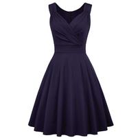 Sleeveless V Neck Fit and Flare Dress for Women Elegant A Line Knee Length Cocktail Party Dress with Pleated Bodice S tamsiai mėlyna