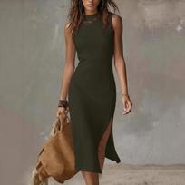 Sleeveless High Neck Midi Dress with Side Slit for Women Fitted Bodycon Tank Style Lightweight Material Suitable for Daily Wear XL brown