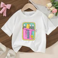 Cartoon Cat Sardine Print Pattern T-Shirt, Girls' Short Sleeve Round Neck Top 110 balta