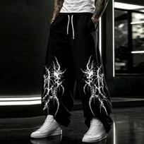 High Street Thorns Skeleton Spikes Print Black Wide-Leg Sweatpants - Men's Drawstring Loose-Fit Straight-Leg Athletic Pants L juoda