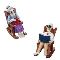 ABIY Resin Statue Skeleton Couple Figurines Rocking Chair Skull Sculpture Ornament Couple Reading Home Decor For Shelf Table