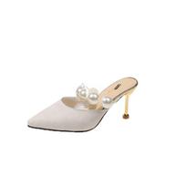 Fashion Pearl Black Sandals Women Summer Slippers Woman Thin Heels 2024 Womens Outdoor High Heels Pointed Toe Woman Mules 35