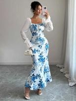 Women Fit and Flare White, Blue Maxi/Full Length Dress XS mėlyna