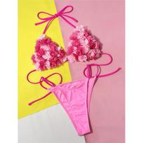 Seksualus 3D gėlių halterinis aukšto kirpimo bikinis moterims Maudymosi kostiumas Dvieilės dalys Bikini komplektas Maudymosi kostiumas S rožinė